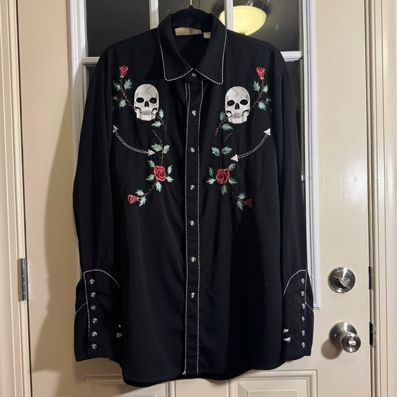 Vintage Scully Skull Rose Western Embroidered Pearl Snap Black Button Up Size L - Picture 5 of 15